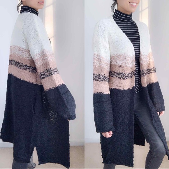 KNITTED LONG CARDIGAN, WHITE TAN BLACK COLOR BLOCK - Picture 2 of 7